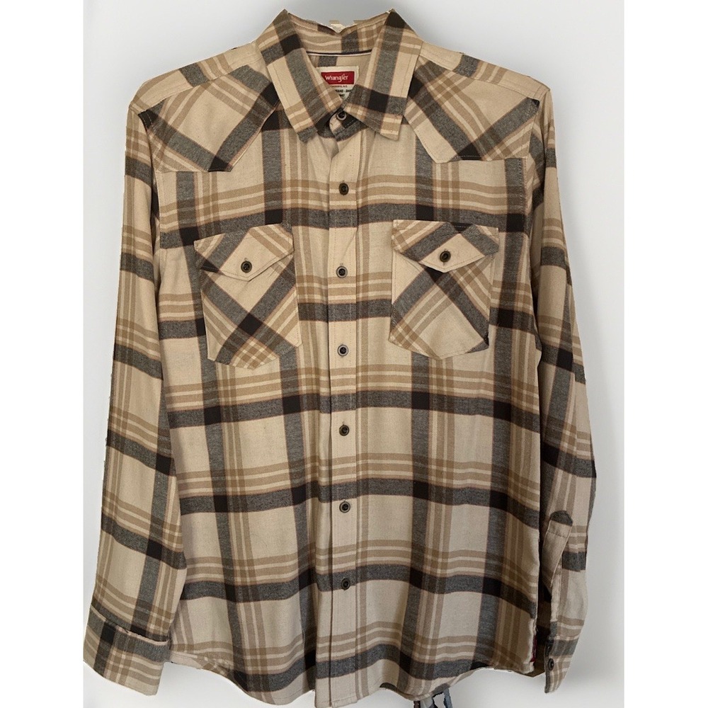Wrangler Men's Plaid Flannel Cotton Button-Up Shirt Pocket Beige Brown Sz M EUC